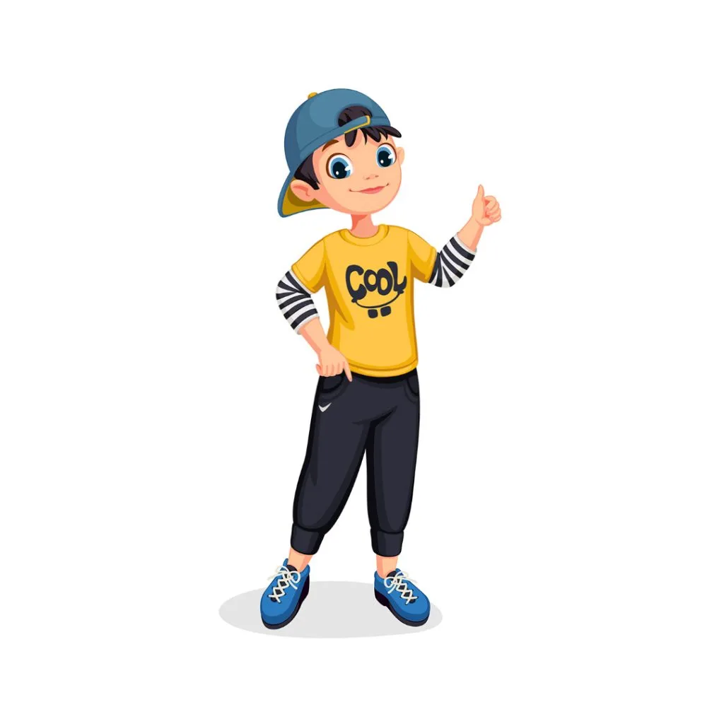Cartoon boy animation illustration giving a thumbs up, wearing a cap and yellow "Cool" t-shirt