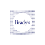 Brady's logo in navy blue text with a dotted square border design