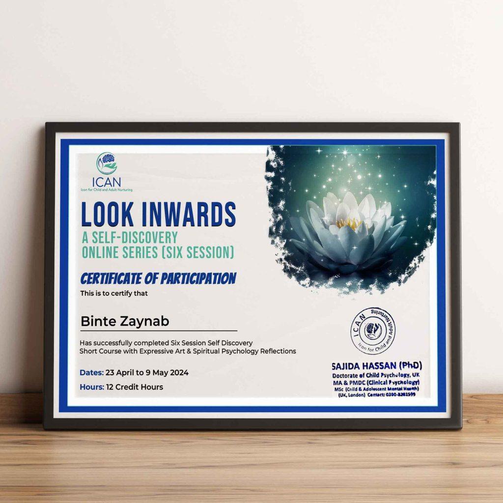 Framed certificate showing creative design for ICAN's "Look Inwards" self-discovery course completion