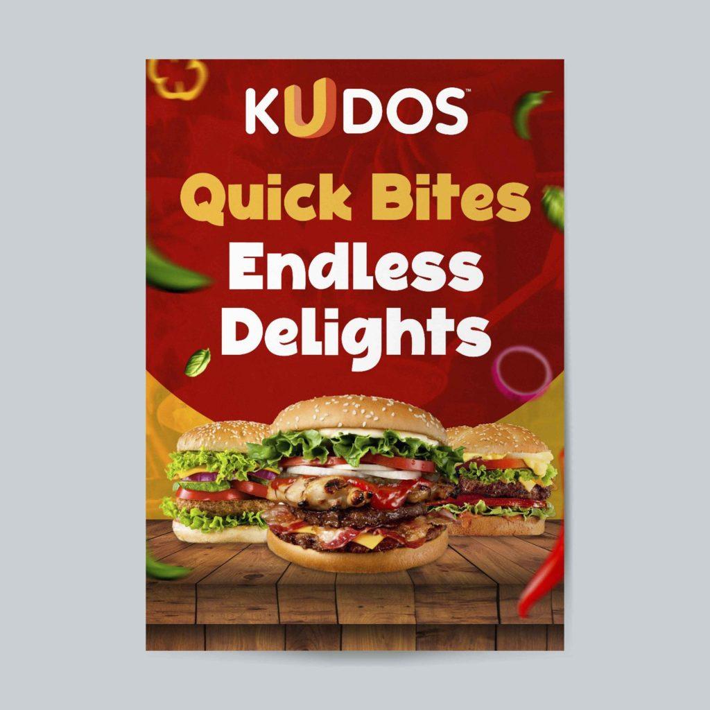 Creative designing fast food flyer featuring Kudos burgers with bold typography and vibrant promotional visuals.