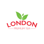 London Premium Tea logo with red text and a green leaf icon on a white background