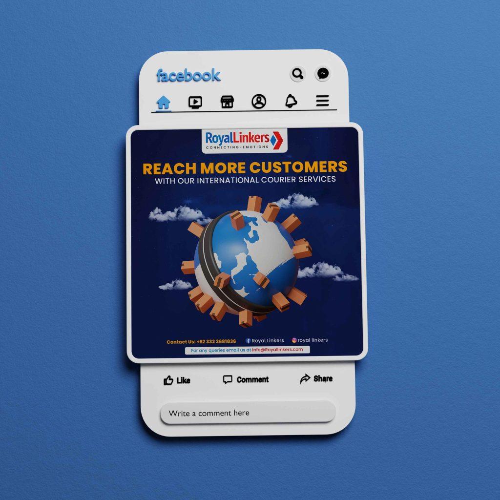 Facebook post mockup showing creative design for Royal Linkers' international courier services promotion