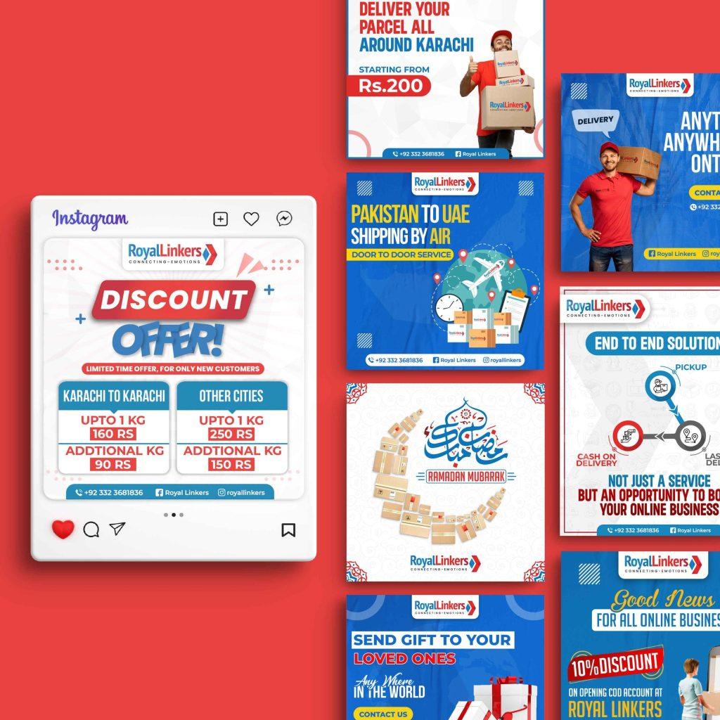 Multiple social media posts showing creative designing for Royal Linkers' delivery and shipping services