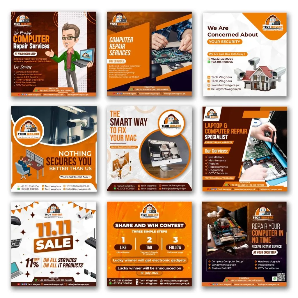 Nine social media posts showcasing creative designing for Tech Wagera's computer repair and security services
