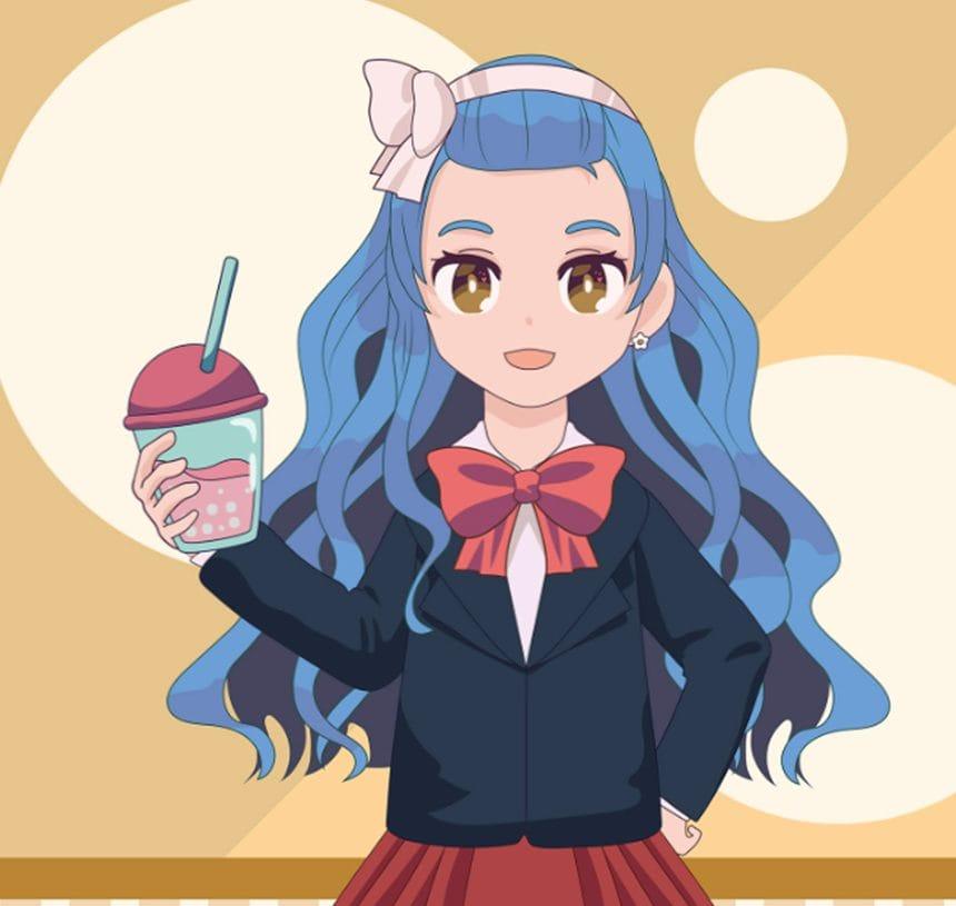 Anime animation girl with blue hair in a school uniform holding a bubble tea drink
