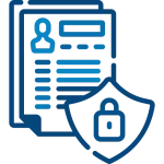 Infosecurity icon showing a user profile document with a shield and padlock, representing secure data protection.