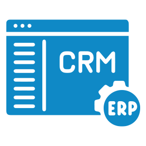 Business Systems icon featuring CRM and ERP software representing integrated business management and automation solutions.